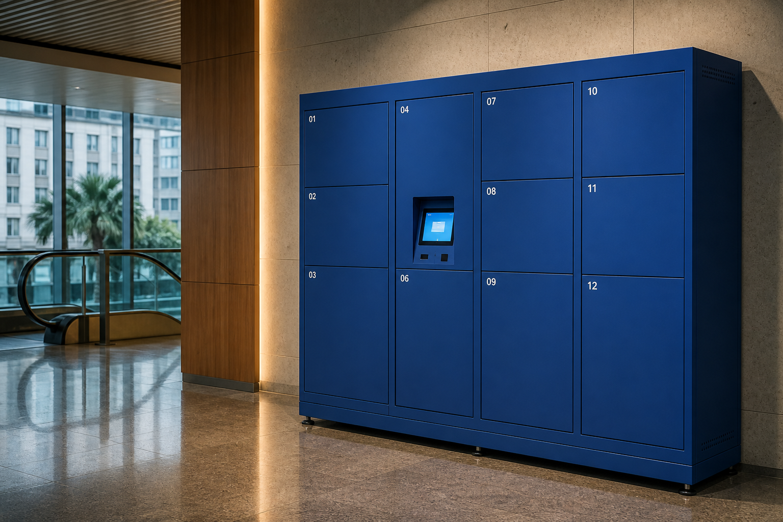 Espaço moderno com lockers inteligentes, vending machine, café e mesas de apoio
